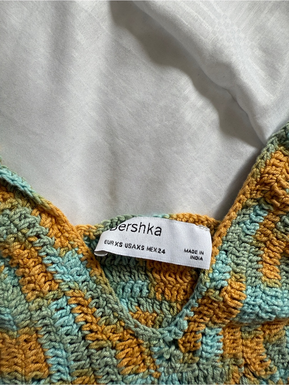 Bershka Striped Crochet Crop Top in Teal & Mustard - Picture 2 of 2